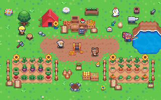 Pixel art farm gameplay in FarmLand — grow crops on your blockchain farm